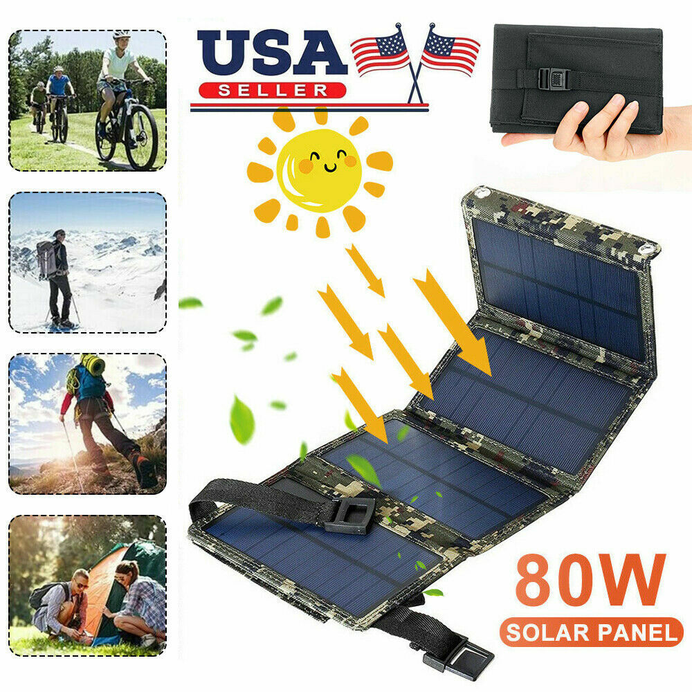 80W Solar Panel Kit USB 12V Battery Charger Folding Portable Power Bank IP65 US
