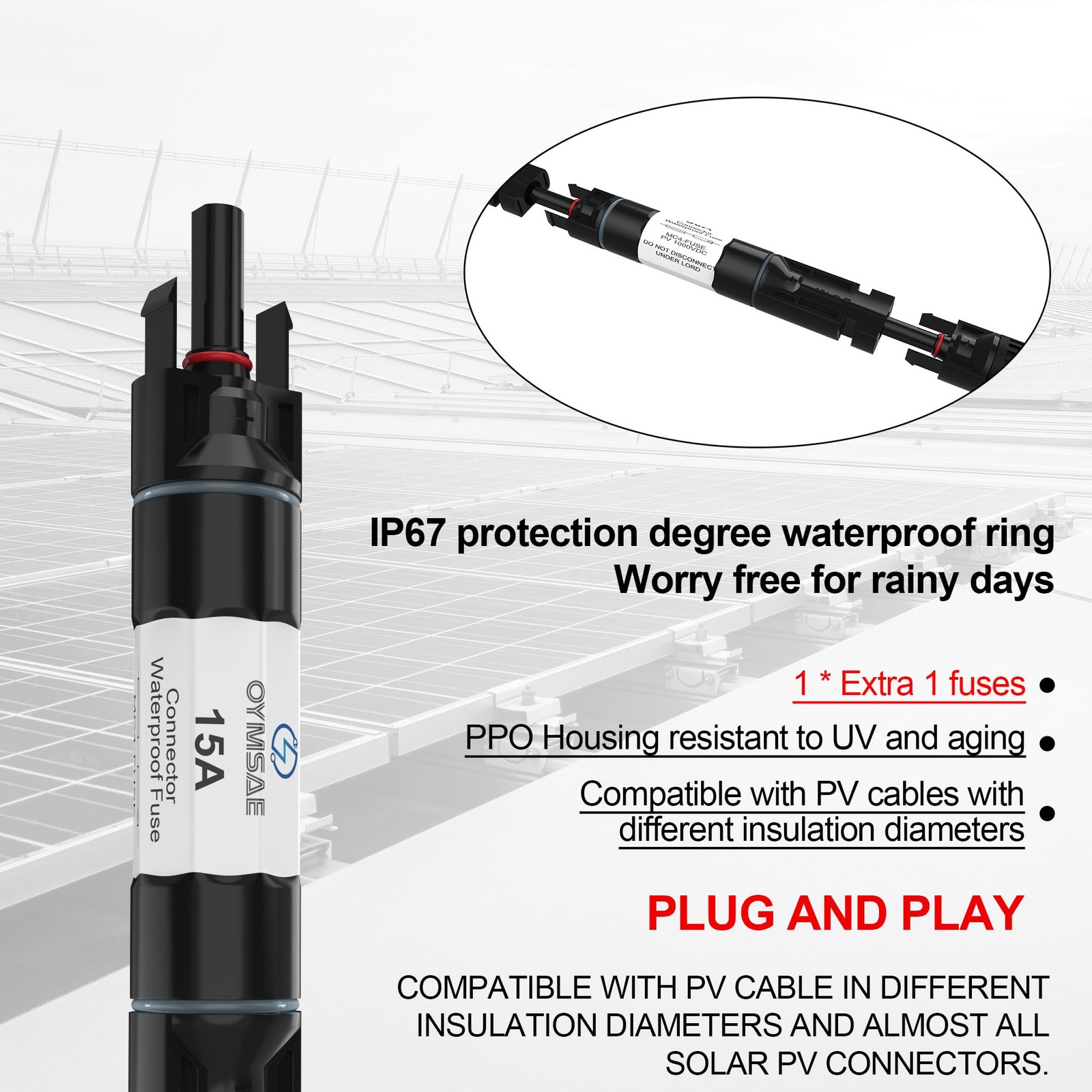 Solar Fuse Holder Inline & Female Connector 15 Amp PV Fuse for Solar Panel, W…