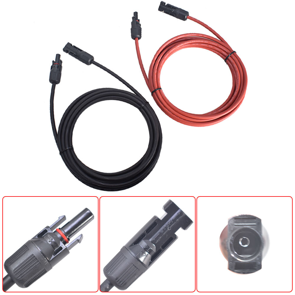 1Pair 10ft Solar Panel Extension Cable Wire Connector 12AWG Black + Red