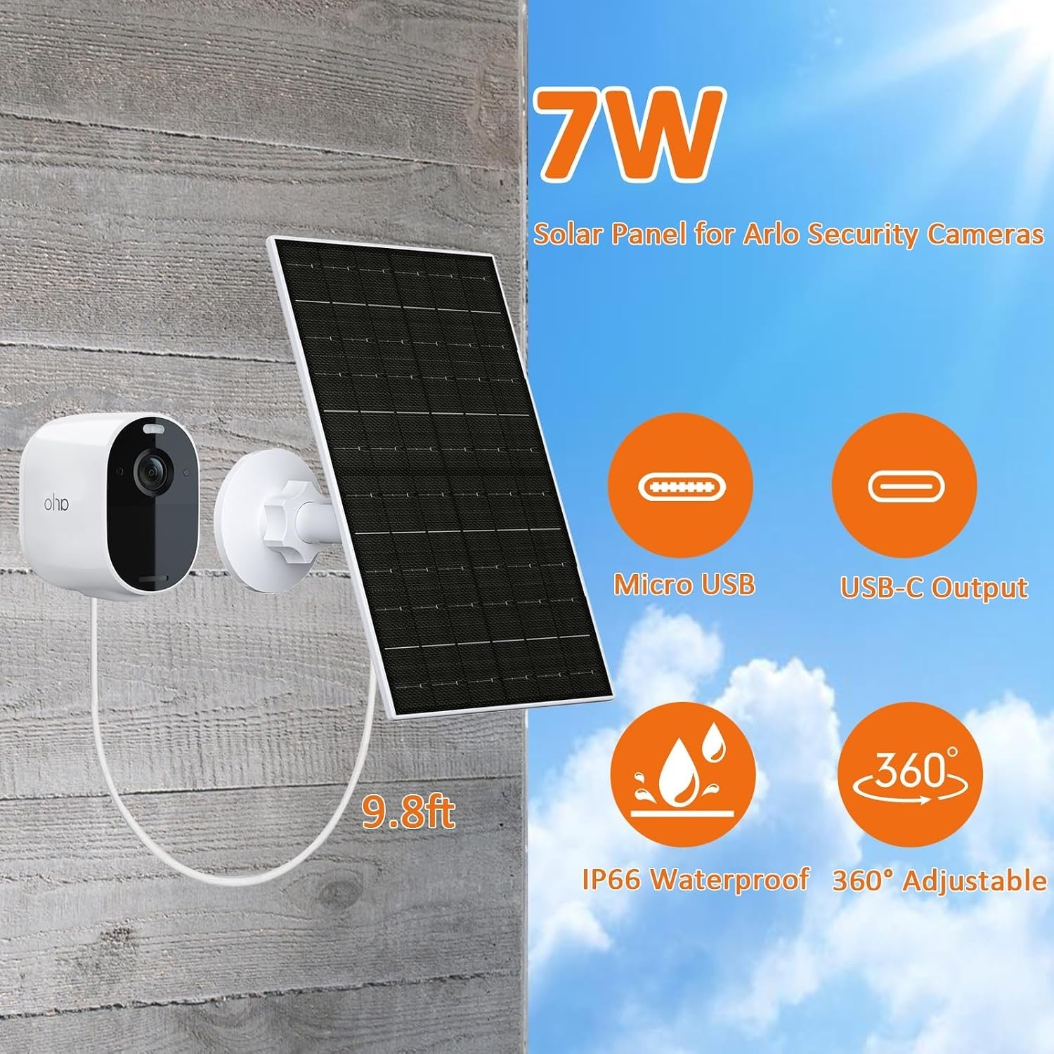 7W Solar Panel for Arlo Essential 2K XL and Spotlight and Micro USB plugs, 5V ou