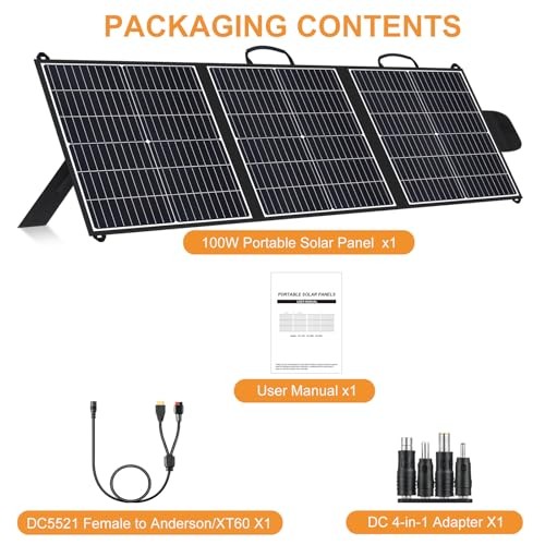 100W Portable Solar Panel, 20V Foldable Charger with USB-A QC3.0 and Mono 100W