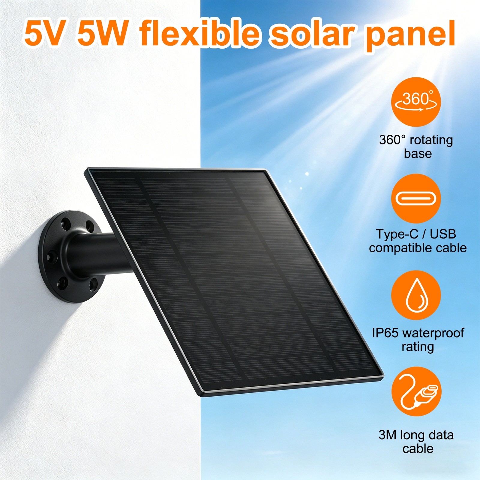 2 Pack of 5V 5W Solar Panel, Waterproof Dual Type-C/USB Solar Charger, Black