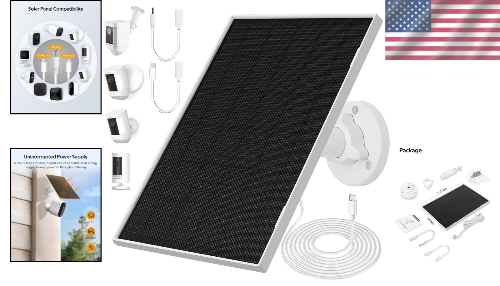 Versatile 6.5W Solar Charger for Security Cameras with Type-C & Micro USB Ports