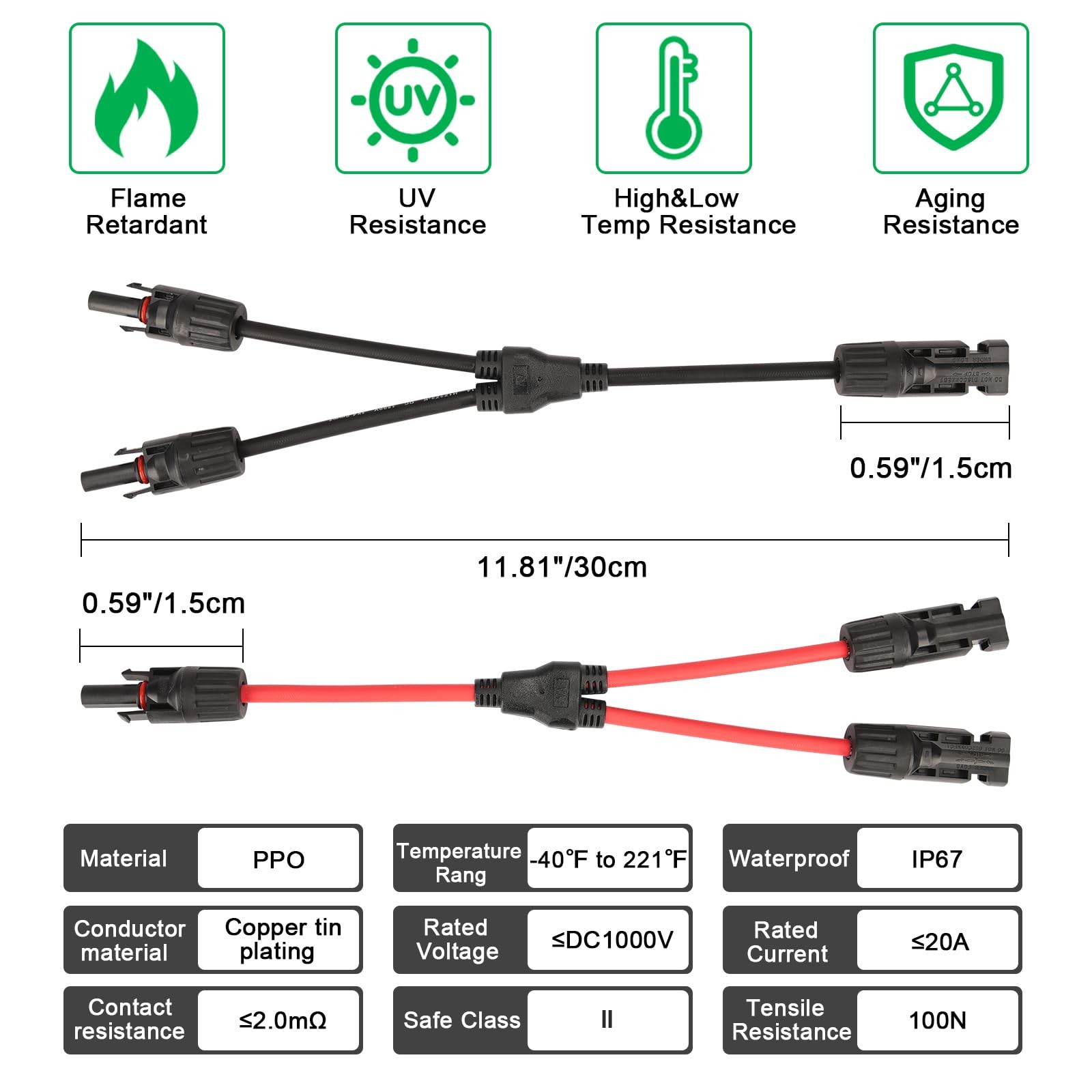 Solar Connectors Y Branch Parallel Adapter Cable 10AWG, Solar Panel 1 to 2 Co…