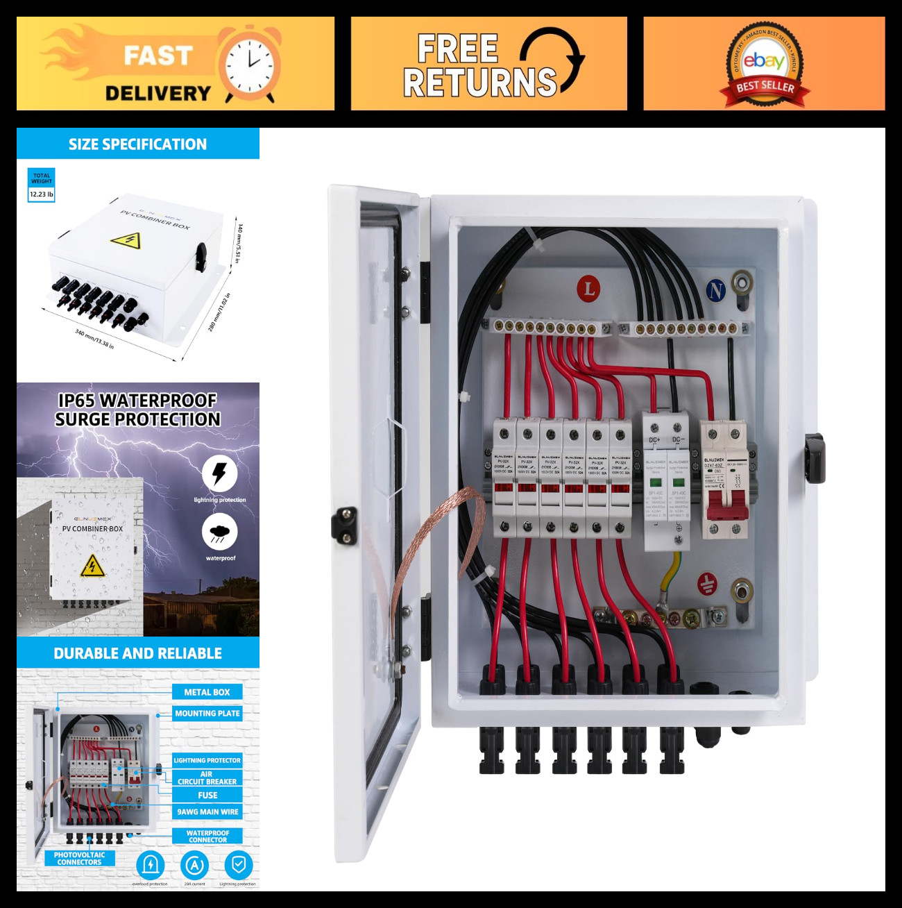 6 String Solar Combiner Box with 20A Fuse, Surge Protection & 63A Breaker