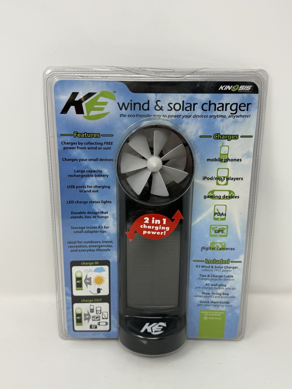 K3 Kinesis Wind & Solar Device Charger 2 In 1 Indoor/outdoor USB In/out Charging