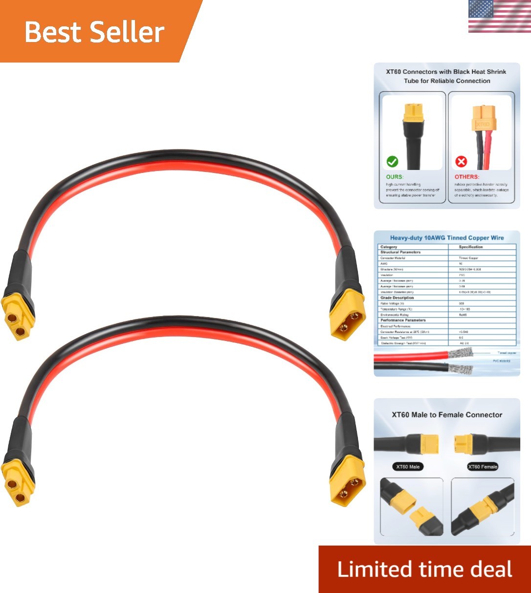 1FT XT60 Power Extension Cable – Tinned Copper, Ideal for High-Power RC Devices