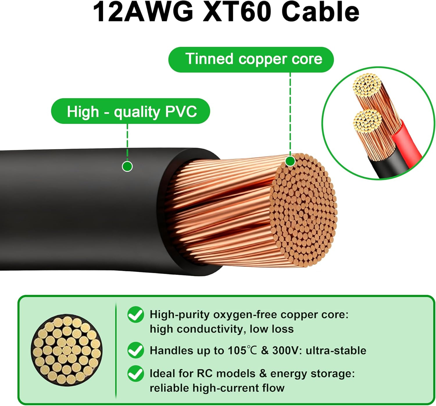 3FT 12AWG XT60 Male to Female Waterproof Panel Cable with Red Black Wires High C