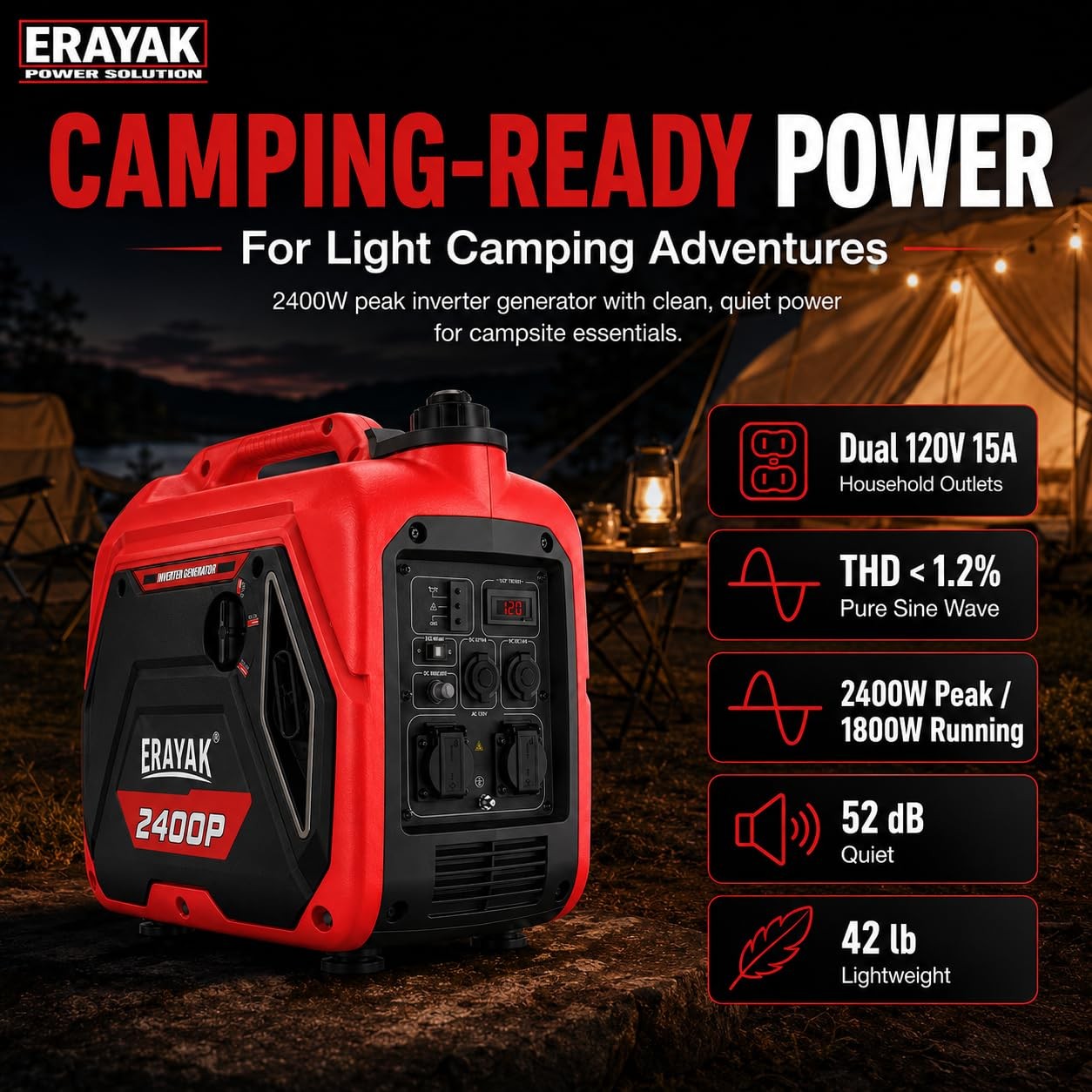 ERAYAK 2400W Portable Inverter Generator for Home Use Super Quiet Small Generato