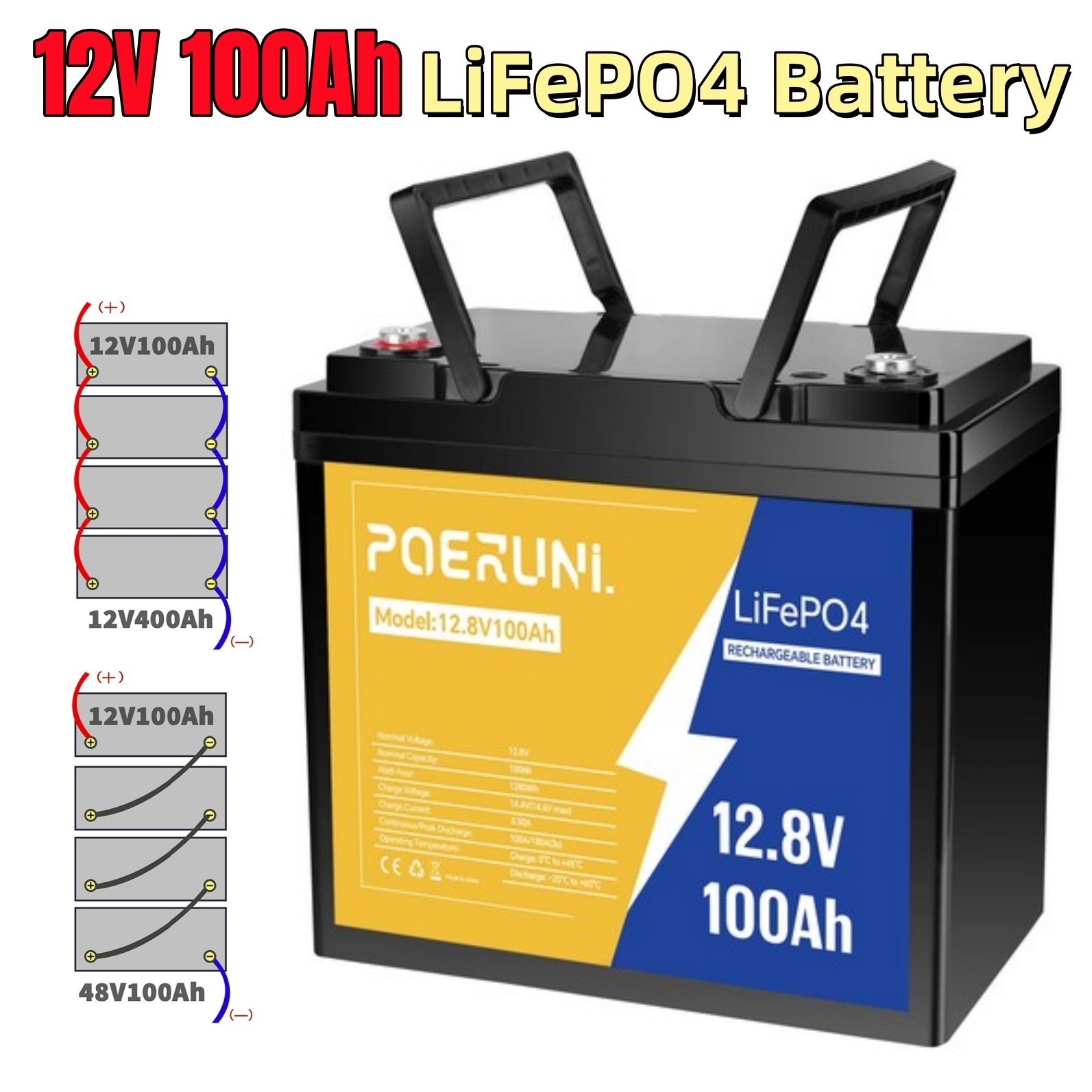 12.8V 100Ah LiFePO4 Lithium Battery BMS with Charger 14.6V 20A for RV Off-Grid