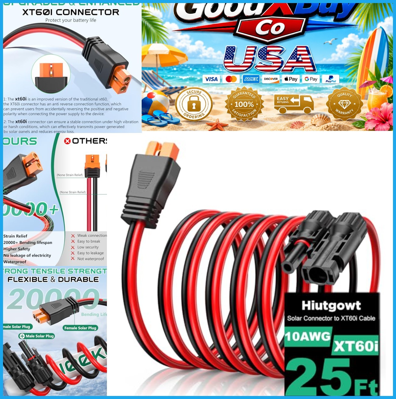 10AWG XT60i Solar Extension Cable 25FT Solar Panel to XT60i Charging Cord New