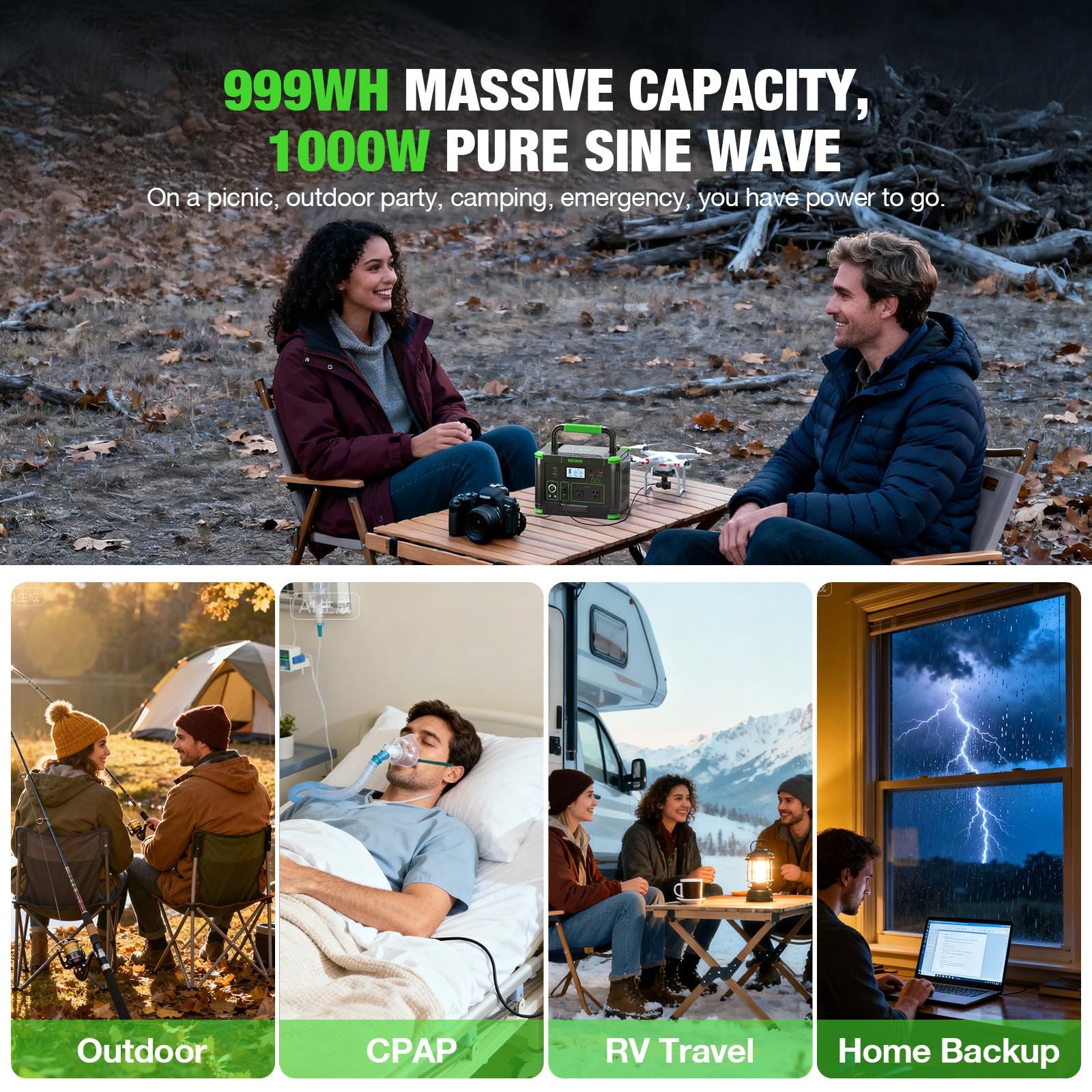 999Wh Solar Generator 1000W Peak 2000W, Portable Power Station with Pure Sine…