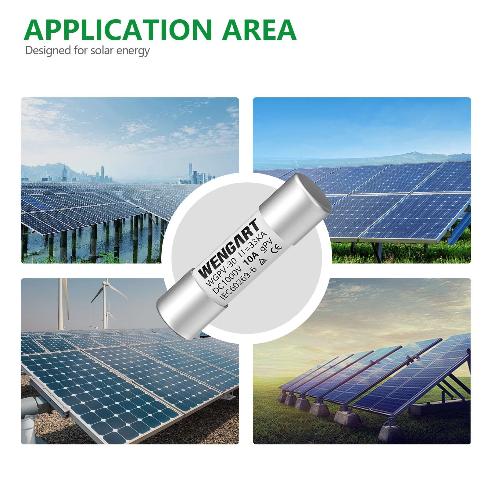 10pcs Solar Fuses, WGPV-30, DC1000V, 10Amp, 10x38mm, I133kA, Fast Photovoltaic
