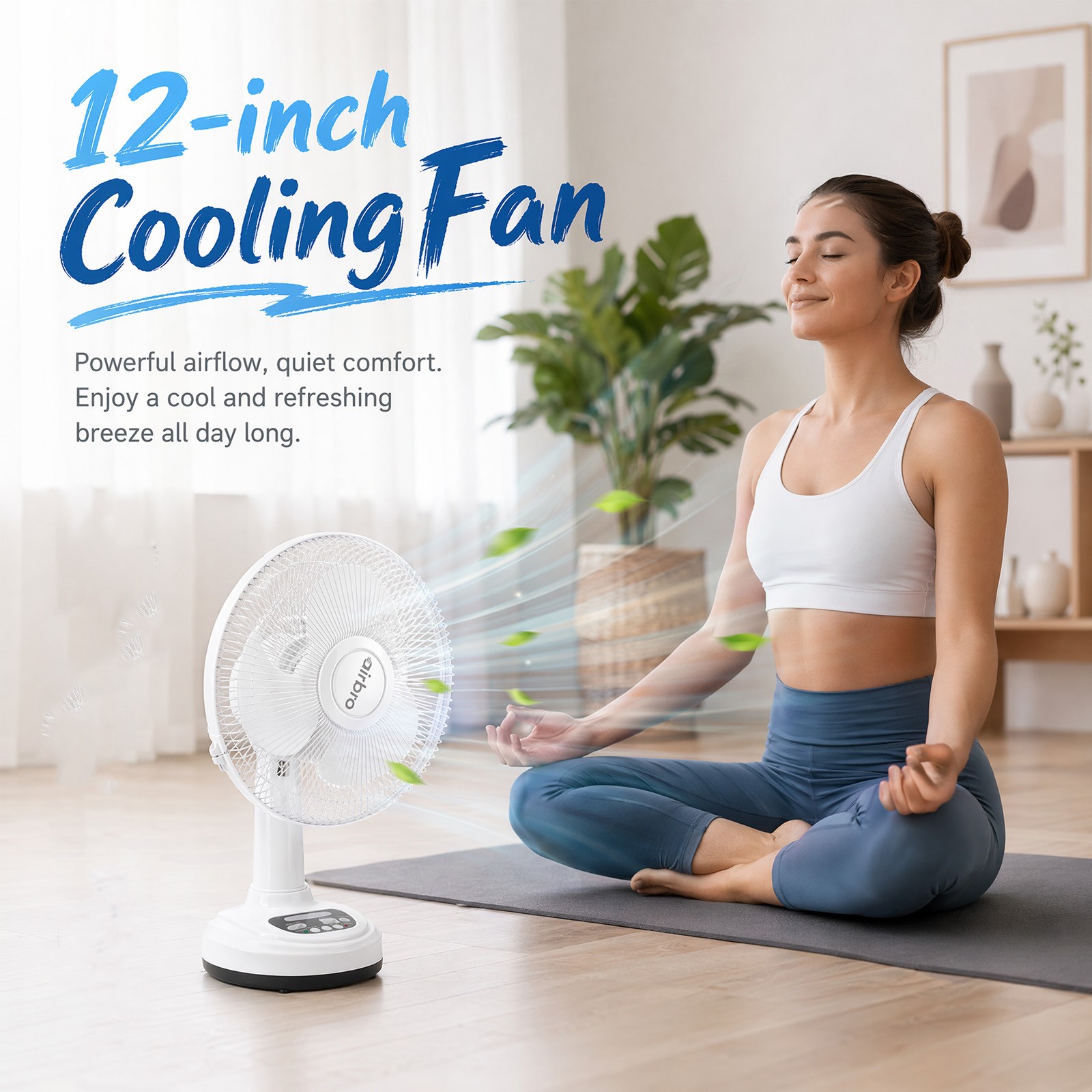 Table Fan 2-Speed 12-Inch Rechargeable Solar Powered w/ Safety Grill & 2pcs Blub