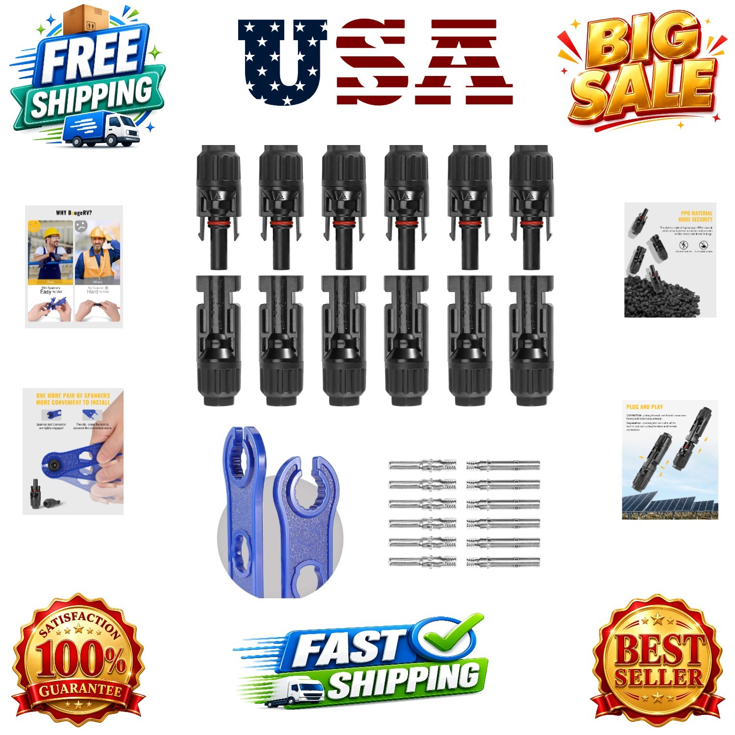 12 PCS Solar Connectors with Spanners Solar Panel Cable Connectors 6 Pairs Ma…
