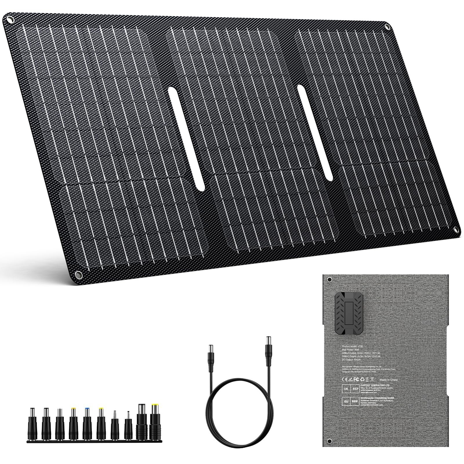 30W Foldable Solar Panel Charger – IP65 Waterproof, QC3.0 USB & DC Output, 10 Co