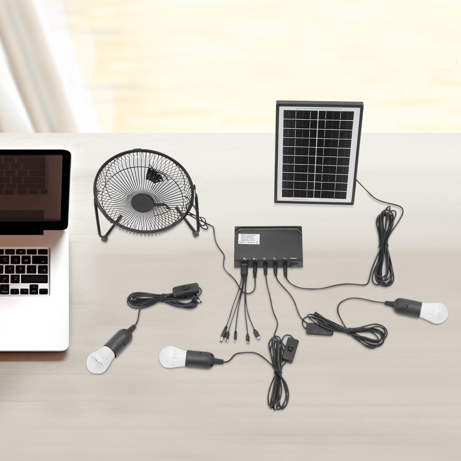 Solar Power Panel Kit Outdoor Camping USB Charging System W/ LED Light + 8″ Fan
