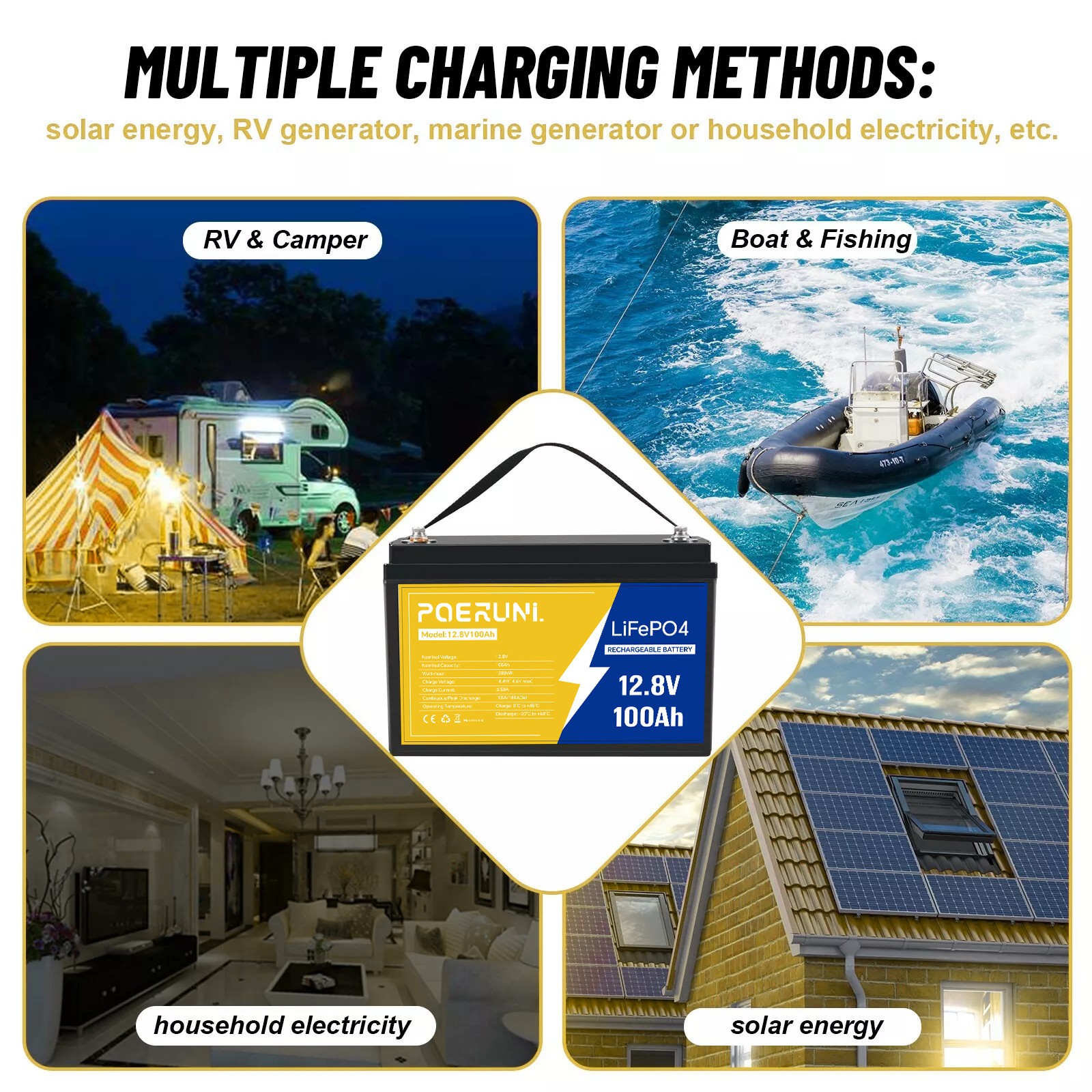 POERUNI 100Ah 12V LiFePO4 Battery BMS for RV/Marine/Off-Grid 2 Sizes Available