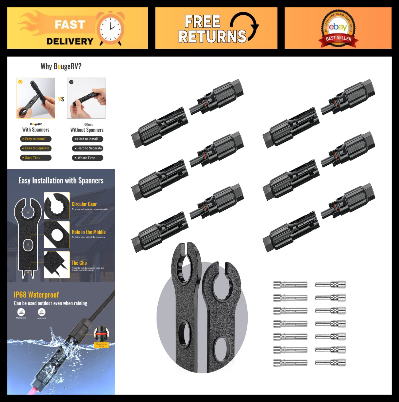 12 PCS Solar Panel Connectors Kit – IP68 Waterproof, 6 Pairs Male/Female, 8AWG