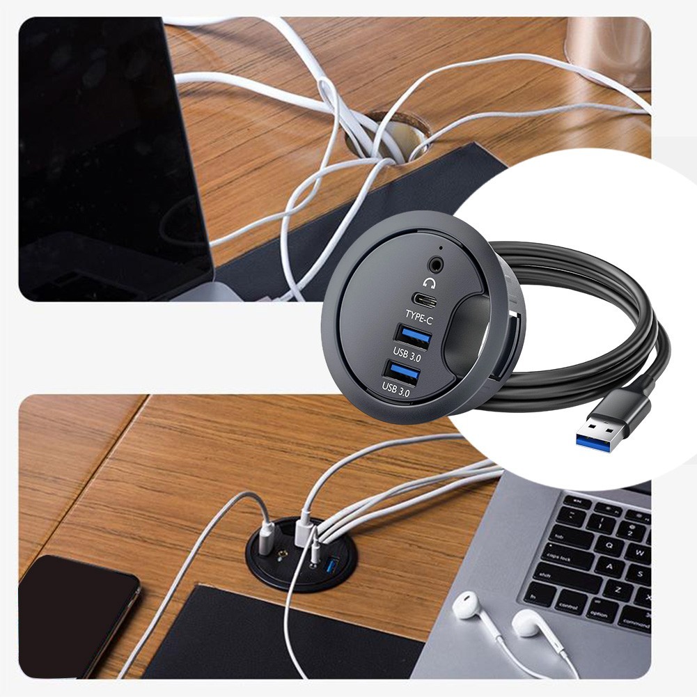 USB 3 0 Hub Desk Grommet with Dual Port Audio Interface for PC Laptops