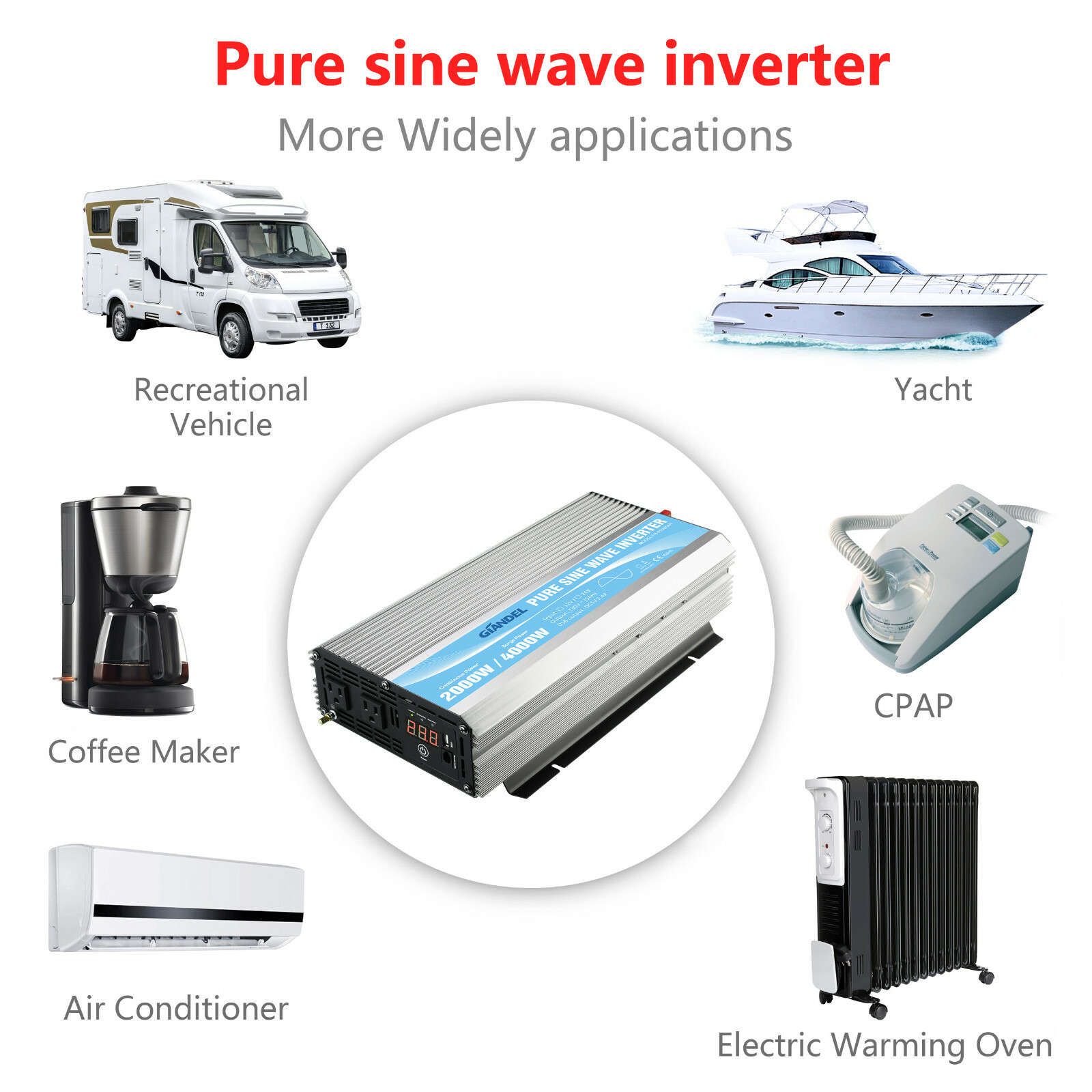 Pure Sine Power Inverter 2000W 24V to 110V~120V with Dual AC Outlets LED Display