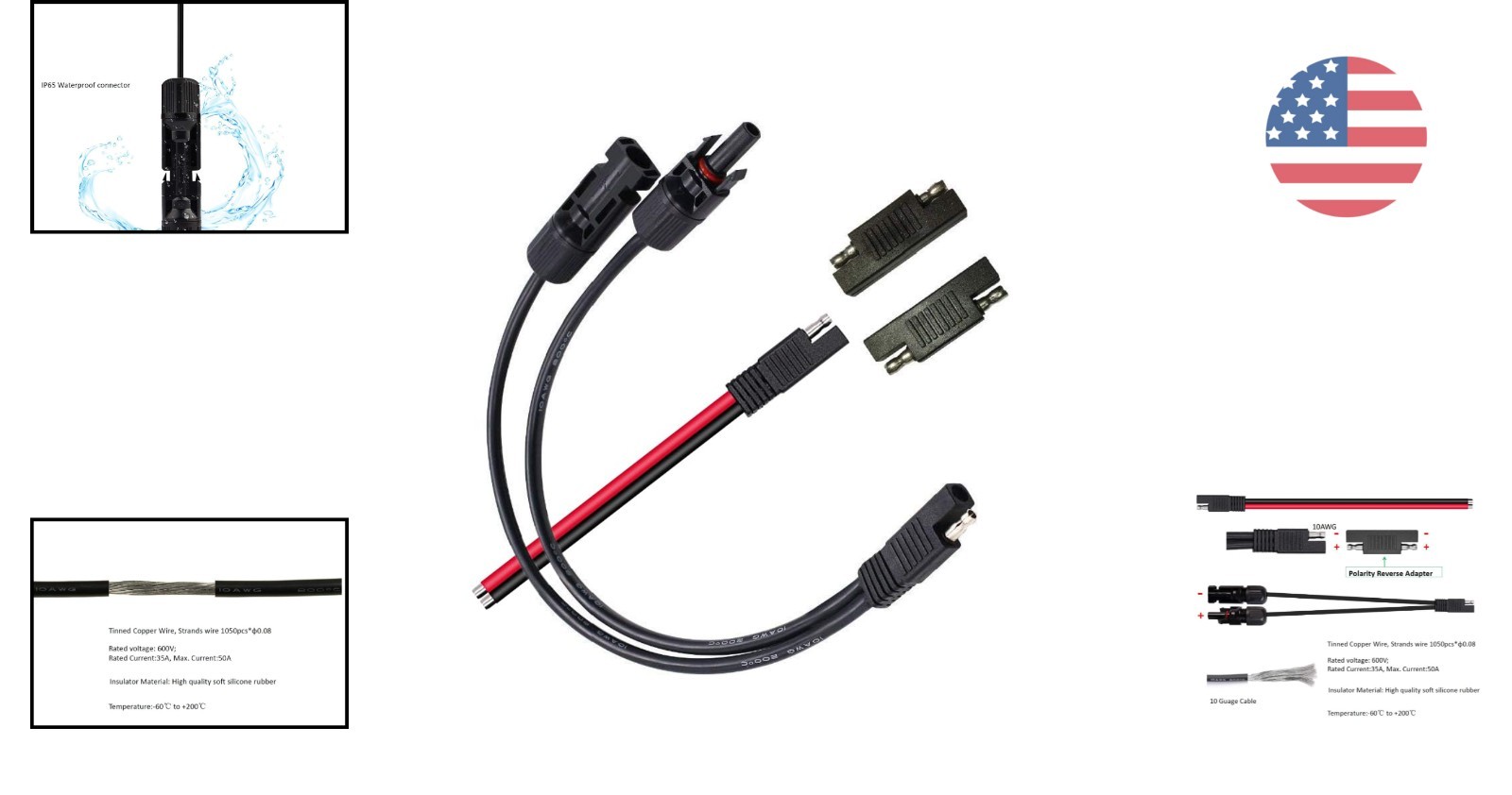 Durable 10AWG Solar Panel Extensions – Indoor/Outdoor Use with Reverse Adaptors