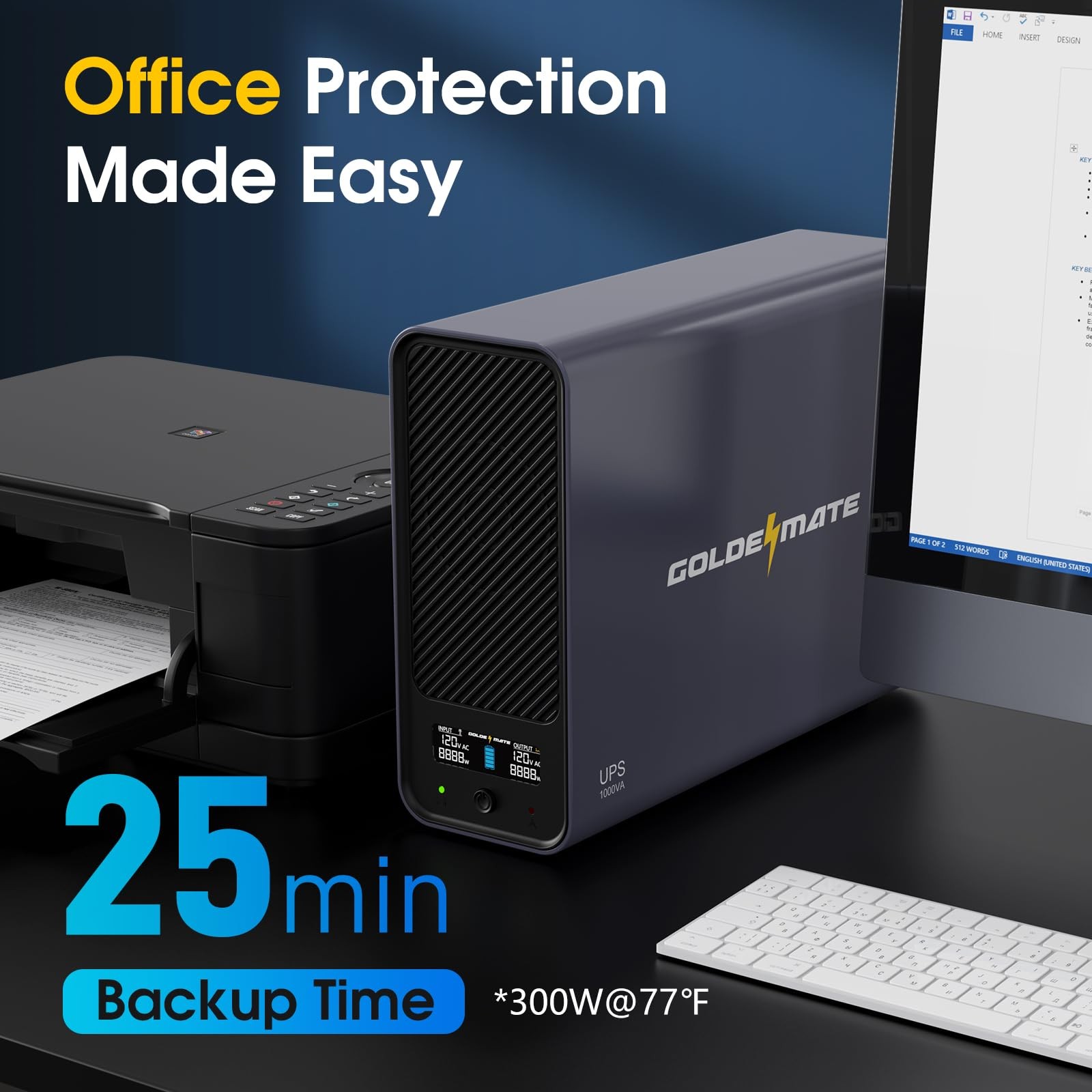 GOLDENMATE 1000VA LiFePO4 UPS 600W Battery Backup Pure Sine Wave White for PC