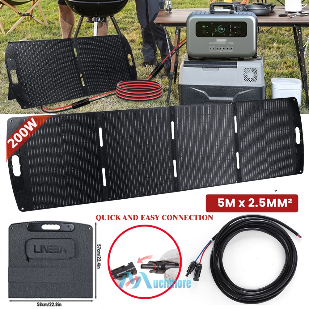 200W ETFE Mono Solar Panel w/ Extension Cable Waterproof for Outdoor RVs Camper