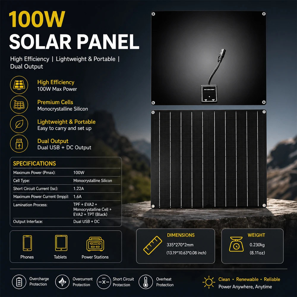 100W Portable Flexible Solar Panel Monocrystalline Waterproof, Dual USB & DC Out