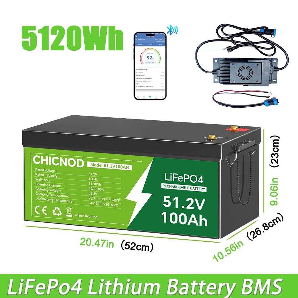 CHICNOD 48V100Ah LiFePO4 Bluetooth Battery w/ 58.4V 20A Charger for Golf Cart RV