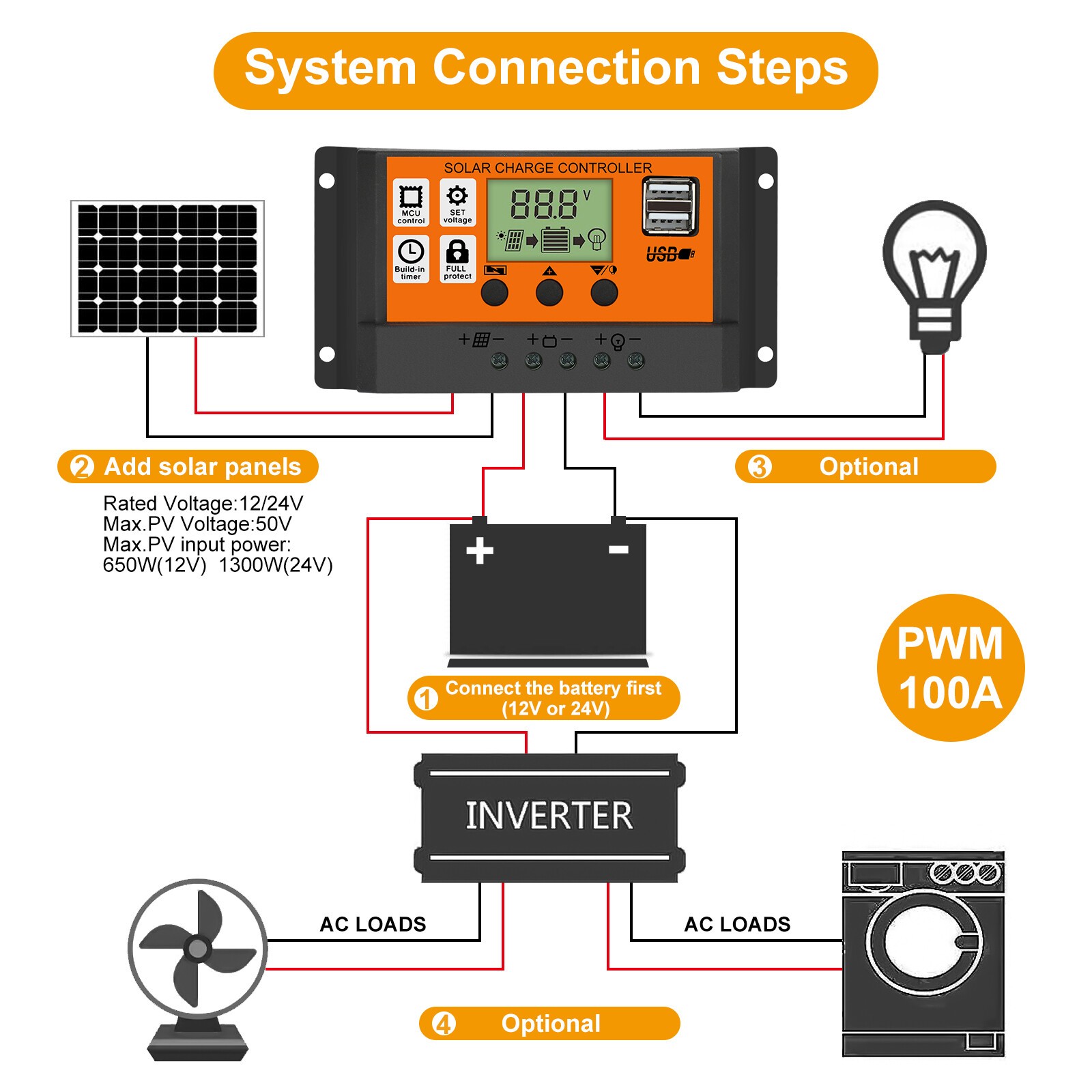 100A MPPT Solar Panel Regulator Charge Controller Auto Focus Tracking 12/24V