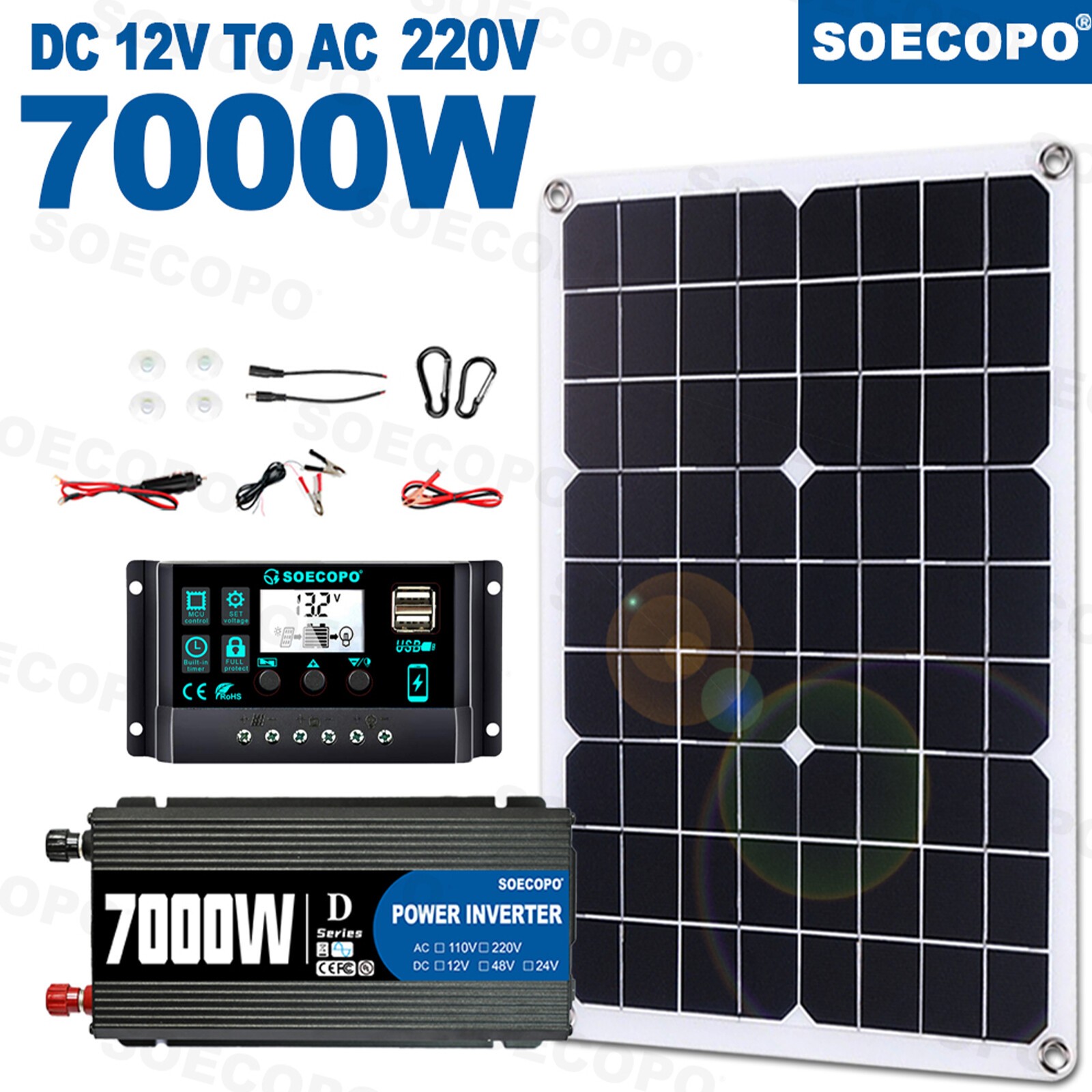 US 7000W Solar Kit 12V 110V Inverter Battery ChargerLighting Camping 500W Panel