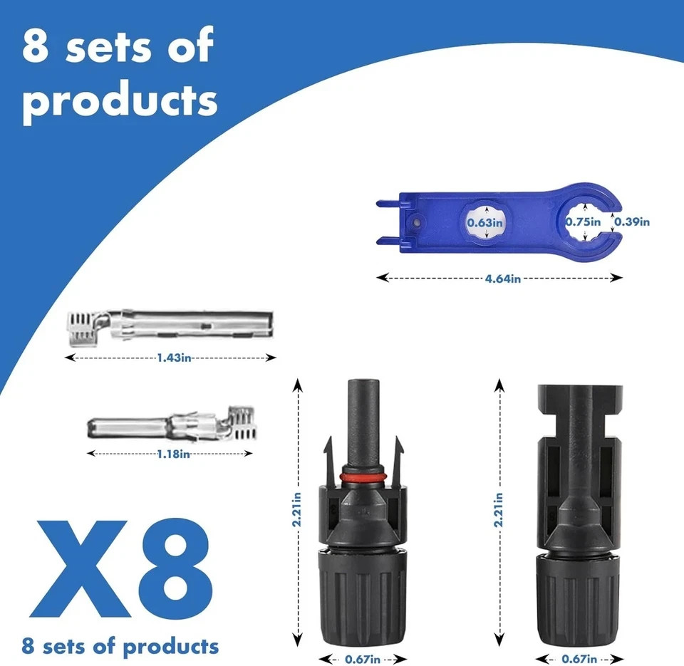 16PCS Solar Panel Connectors 1000V 30A IP67 MC4 10AWG 8 Pairs w/ Spanners
