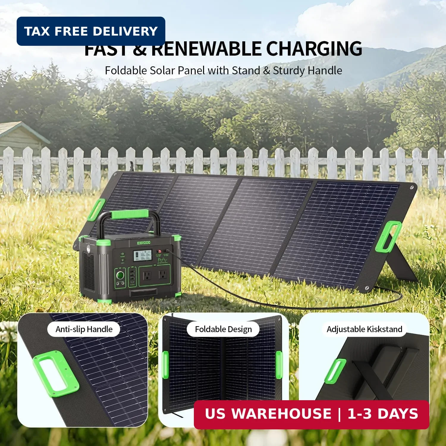 200W Portable Solar Panel for Power Station, Foldable Solar Charger w/ 4 Kicksta