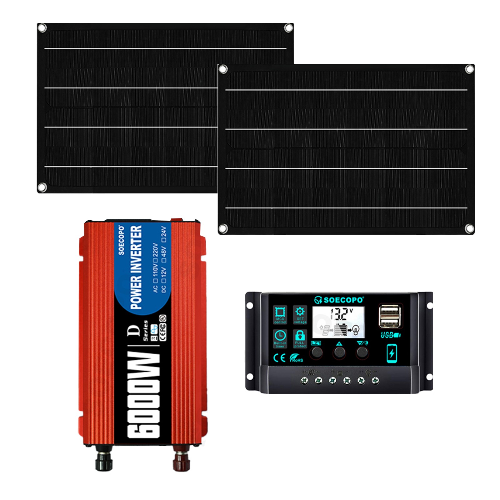 6000W DC to AC Solar Inverter Kit | Includes 2pcs Solar Panels&Charge Controller