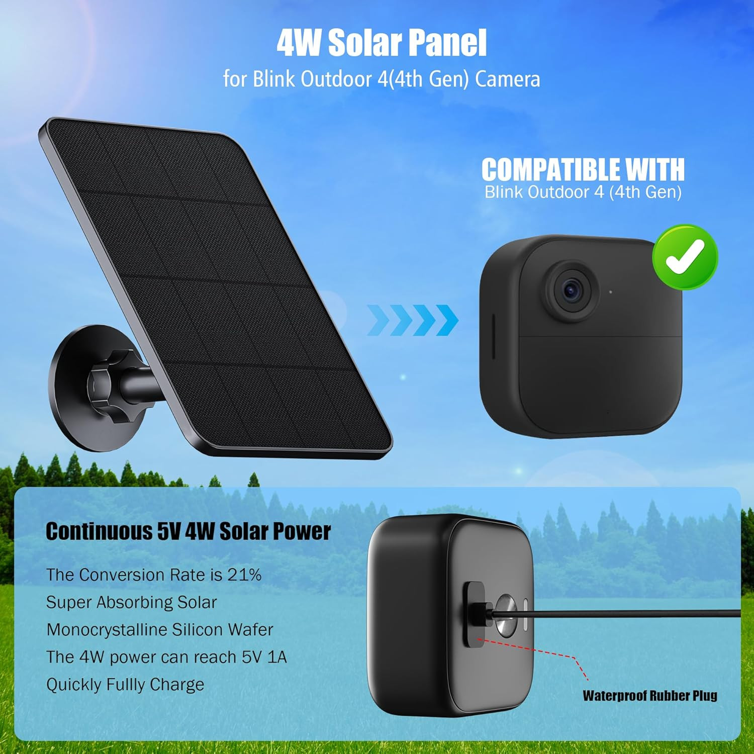 4W Solar Charger for Blink Outdoor Camera, USB-C, IP65 Waterproof, 13.1ft Cable