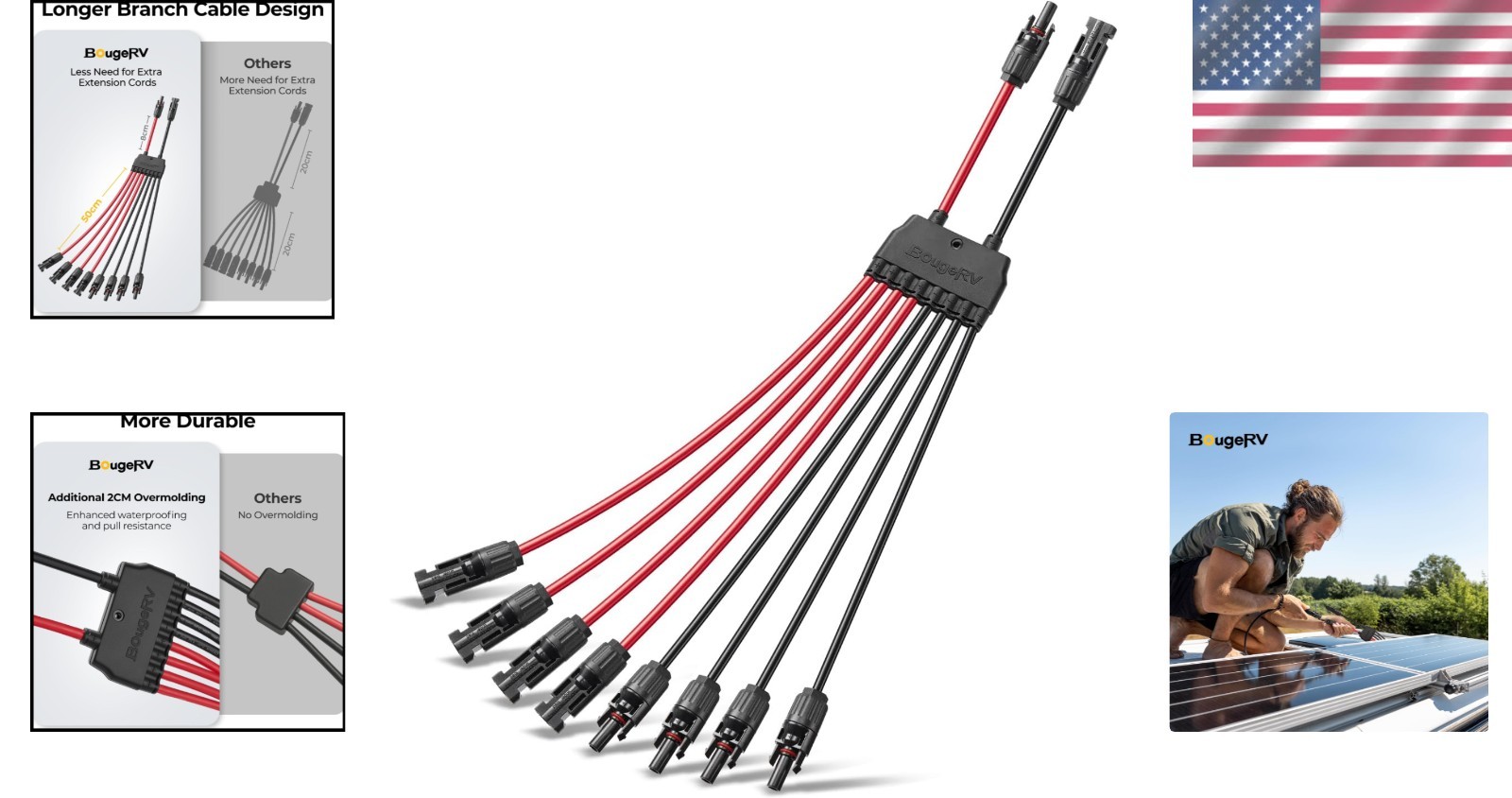 Solar Parallel Connectors 2-4 Panels Waterproof Y Branch 10AWG Adapter Cable