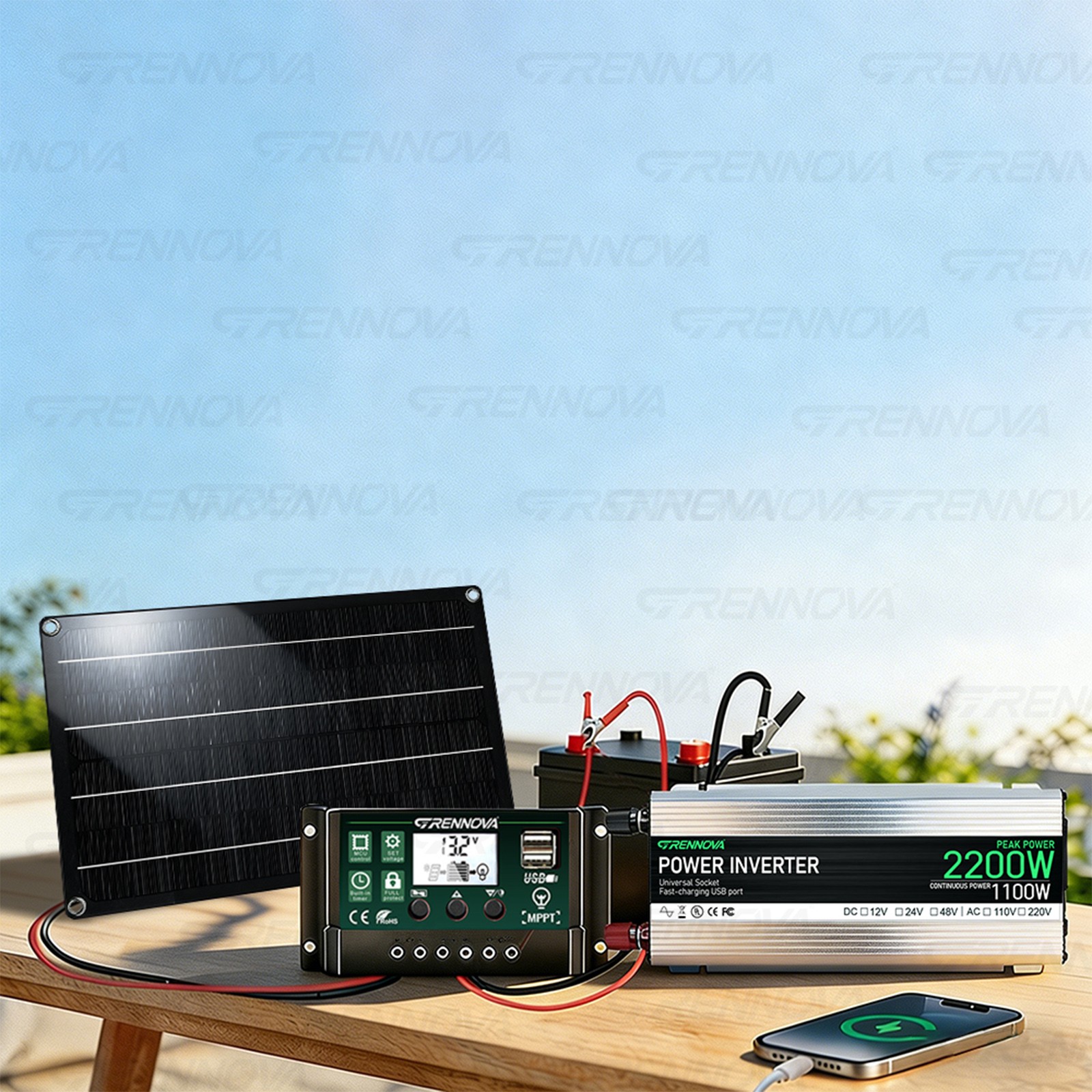 Grennova 2200W Off-Grid Solar Kit 50W Panel 60A MPPT Dual Voltage Inverter Home