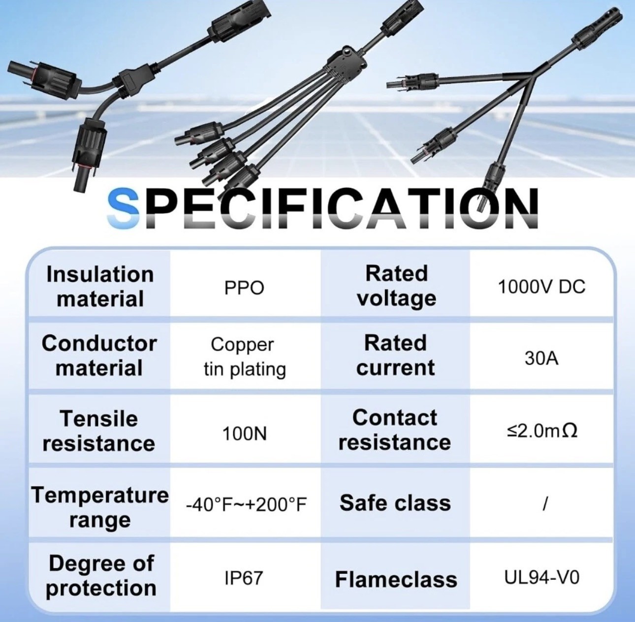 2 Y Branch Connectors Parallel for Solar Panel 1 to 4 (M/FFFF + F/MMMM)
