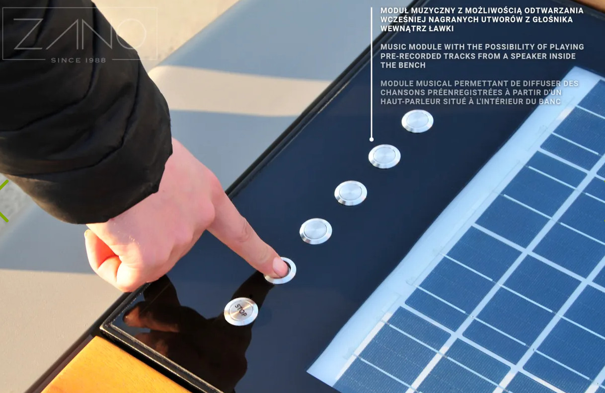 Modern Solar outdoor bench Photon. WIFI, lighting & charging station. USB ports
