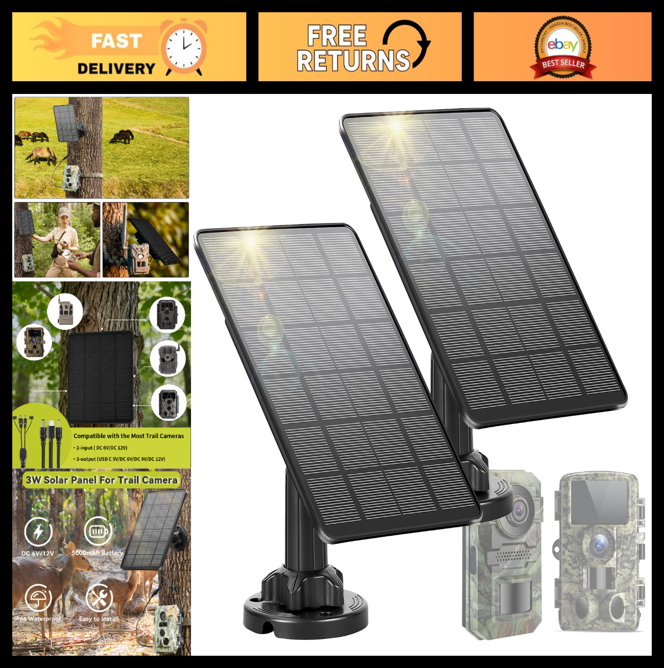 Solar Panel for Trail Camera 2-Pack, 5000mAh Battery, IP66 Waterproof, USB-C & D