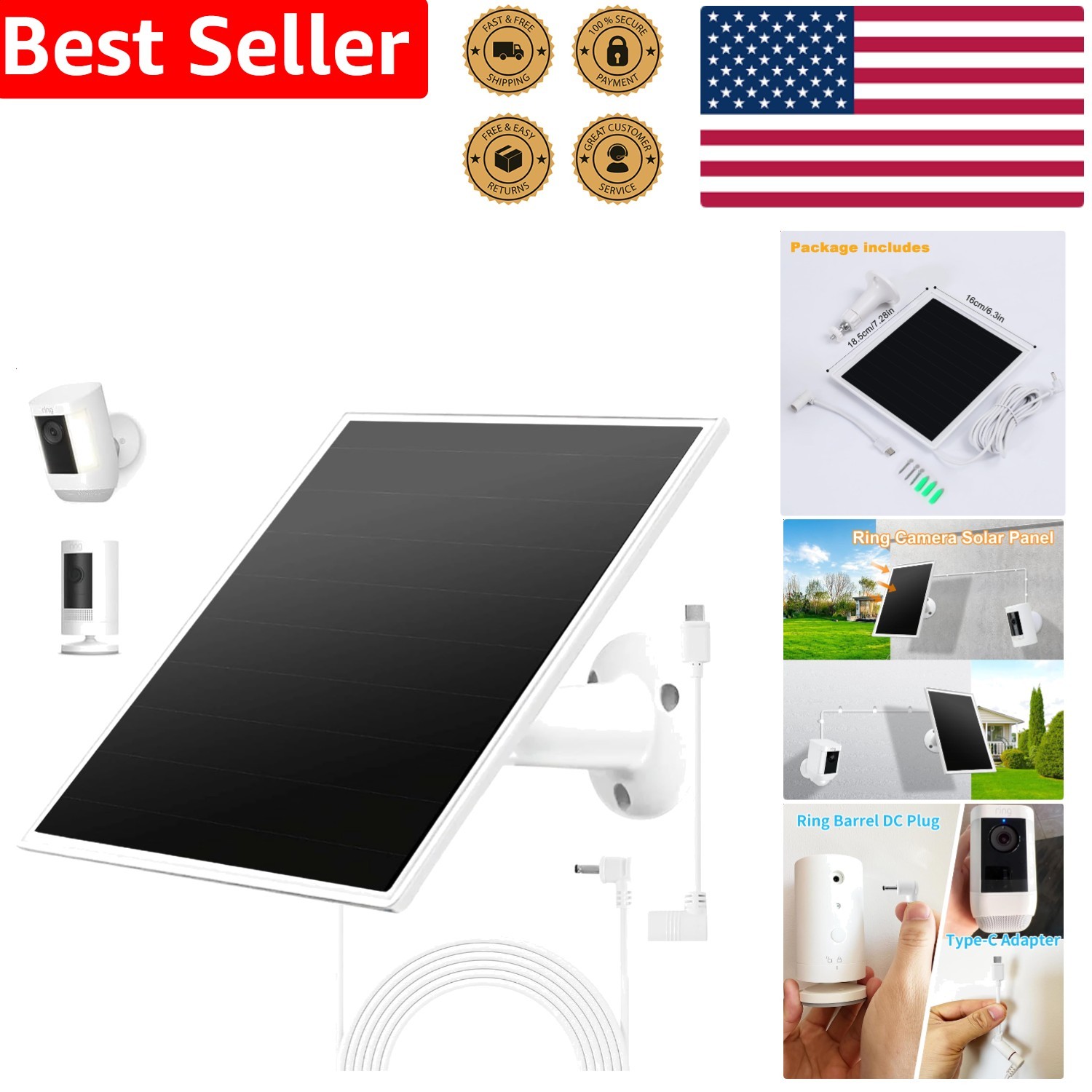 Ring Camera Solar Panel Charger, Fast Charging for Spotlight Plus Pro Battery