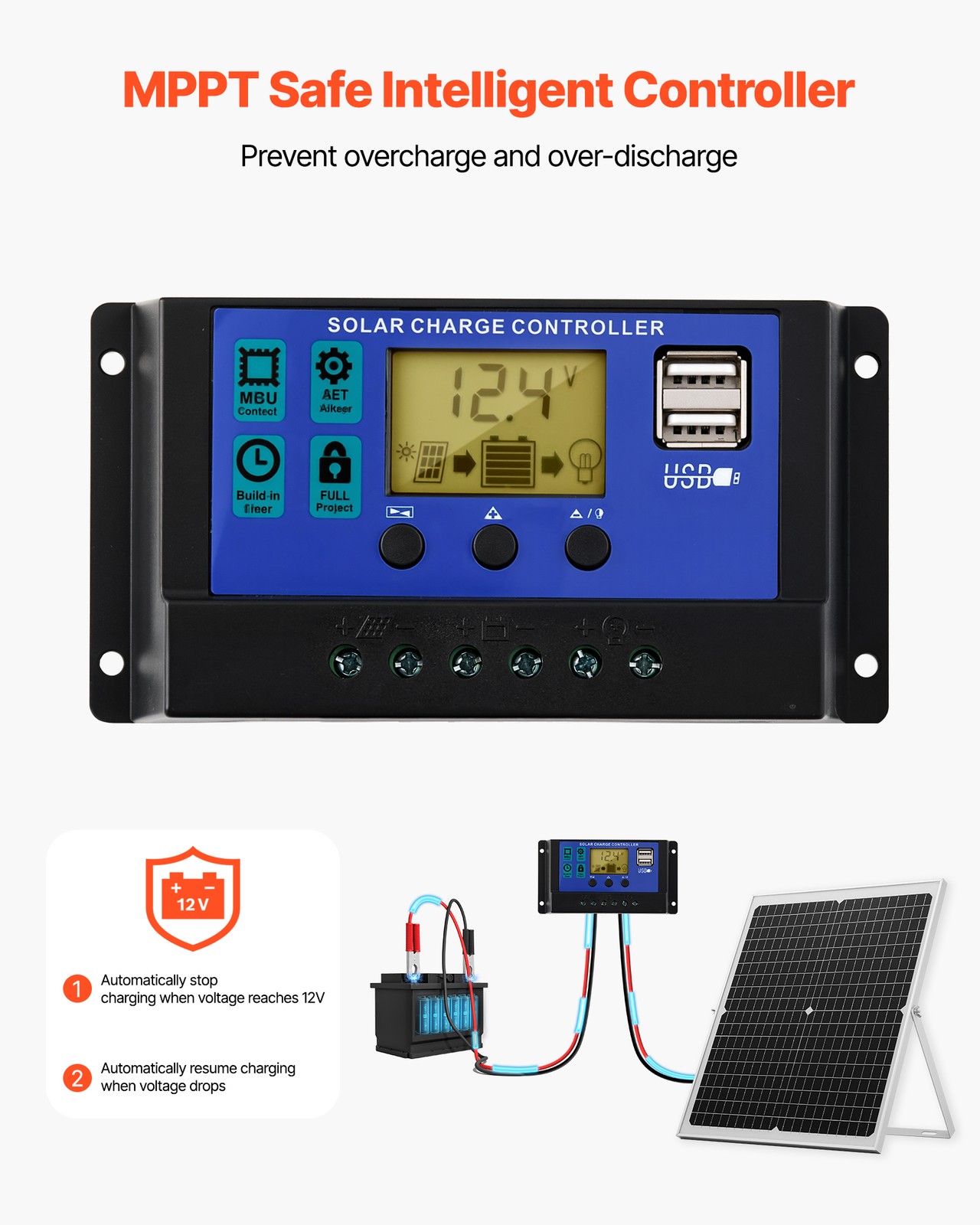 VEVOR Solar Battery Trickle Charger Maintainer 30W 12V with MPPT Controller