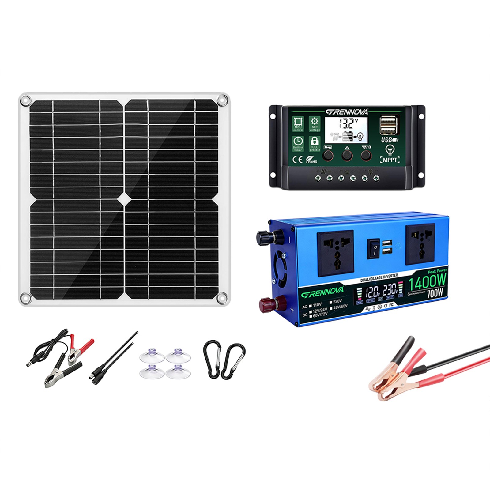 Grennova 1400W True Watt Solar Kit 60A MPPT 12/24V Inverter Outdoor Emergency