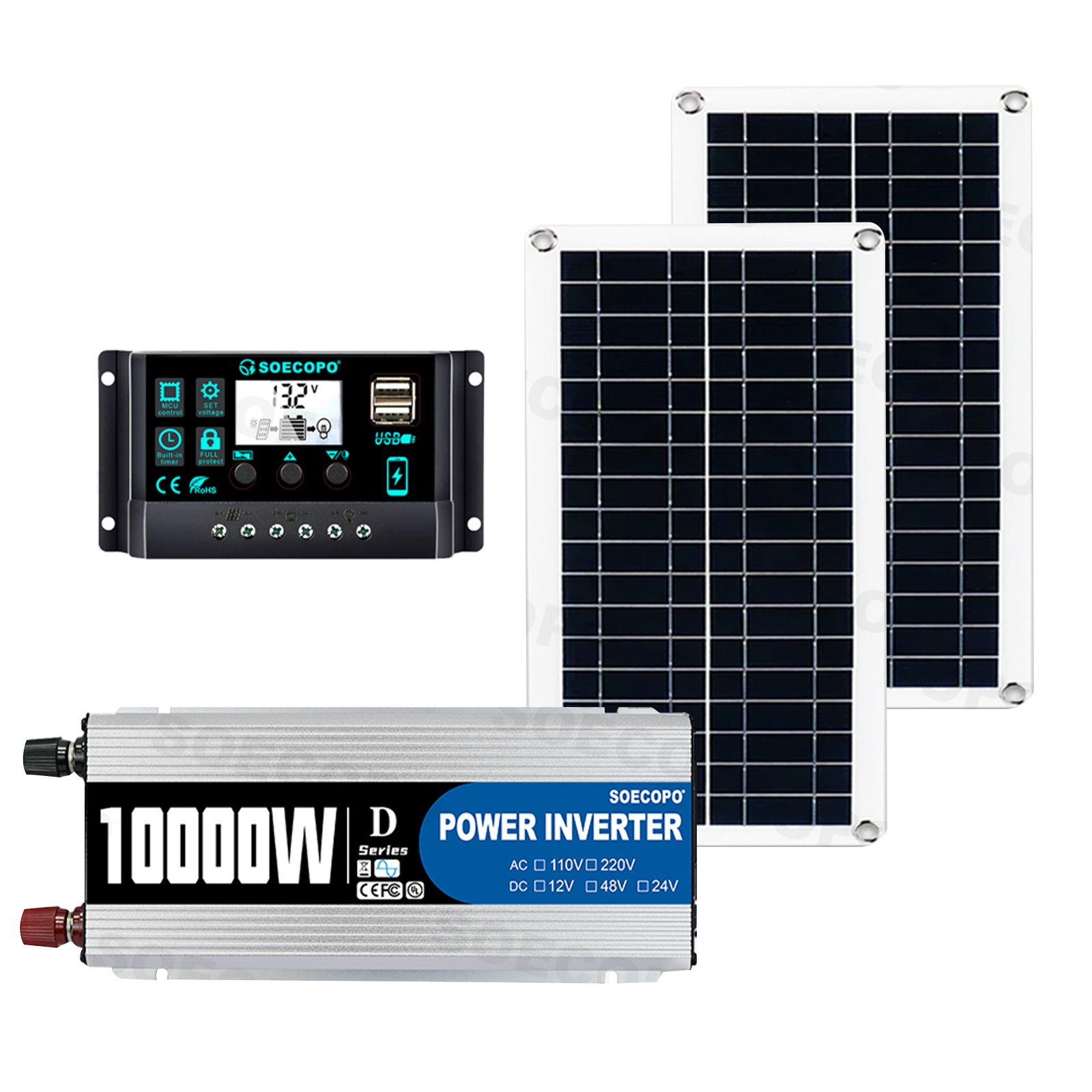 10000W Inverter (12V-110V/220V) + 2pcs Solar Panels + Charge Controller 100AAp