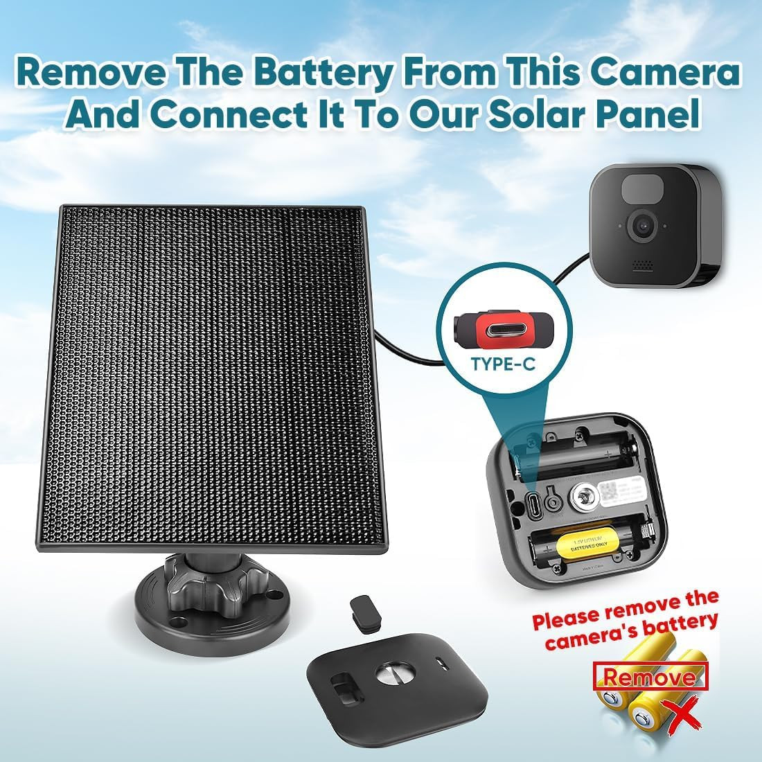 Solar Panel Charger for Blink Camera with 2600mAh Battery, IP66 Waterproof