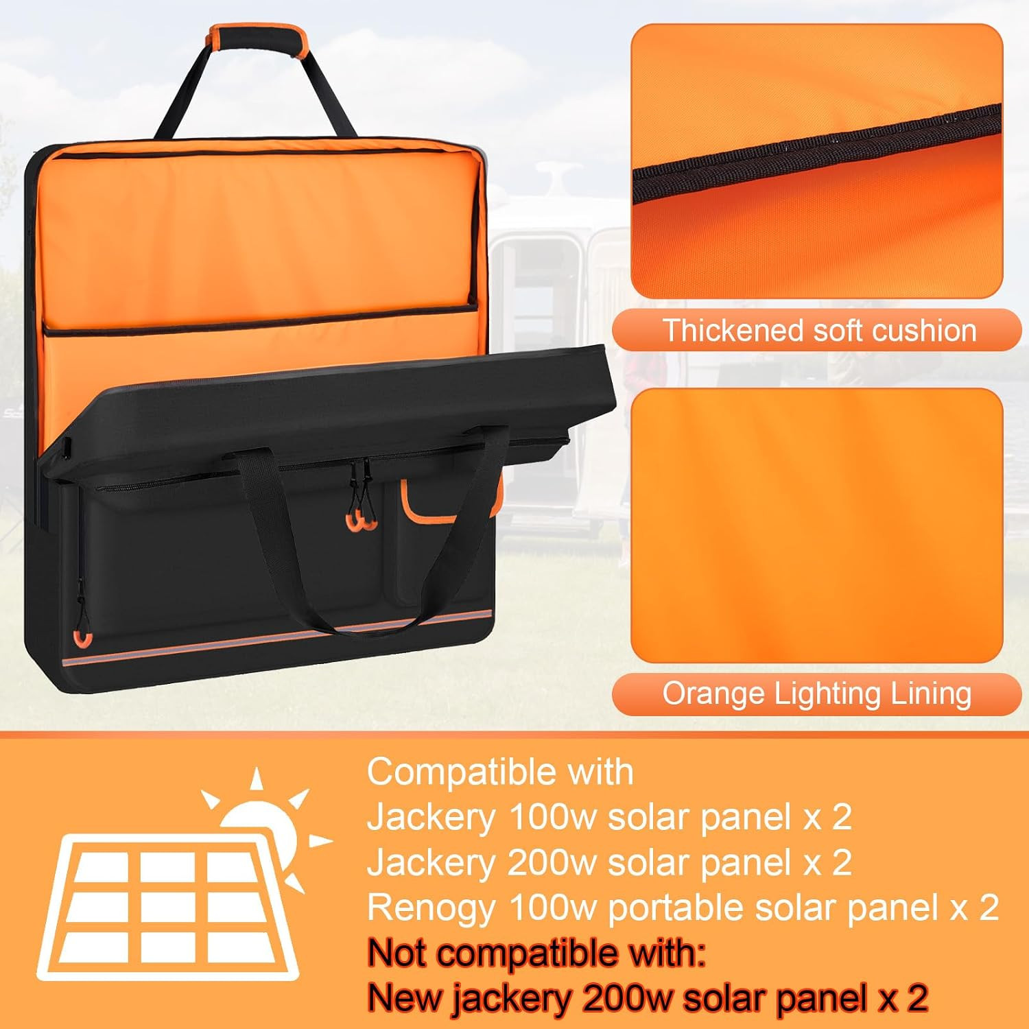Solar Panel Storage Bag with Orange Lining, Deepened Opening, Zipper with Pull a