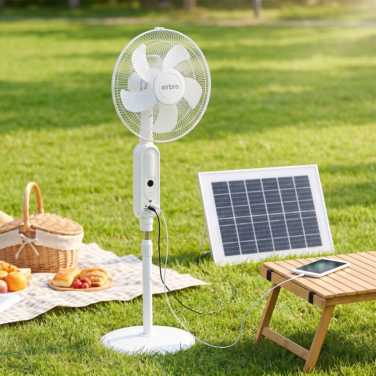 16″ Rechargeable Floor Standing Fan + 2PCS LED Bulbs w/ Remote AC & Solar Charge