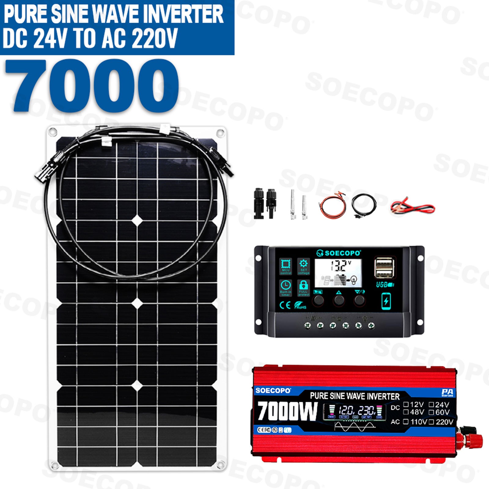 Pure Sine Wave Inverter 7000W Solar System Kit 100A Controller DC12V AC110 220V
