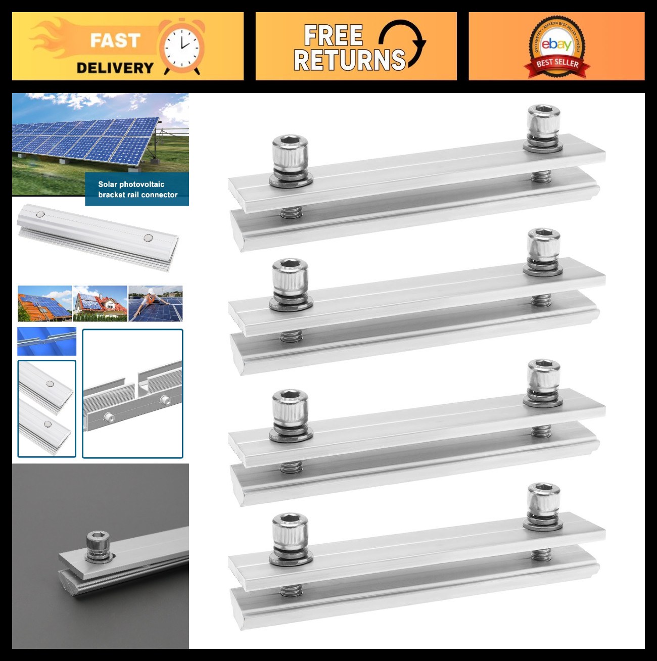 4Pcs Solar Panel Rail Connectors Kit – Aluminium Mounting Accessories, 14x3cm
